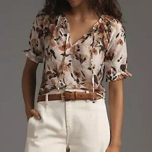Anthropologie Cloth & Stone Short Sleeve Ruffle Tie-Neck Top